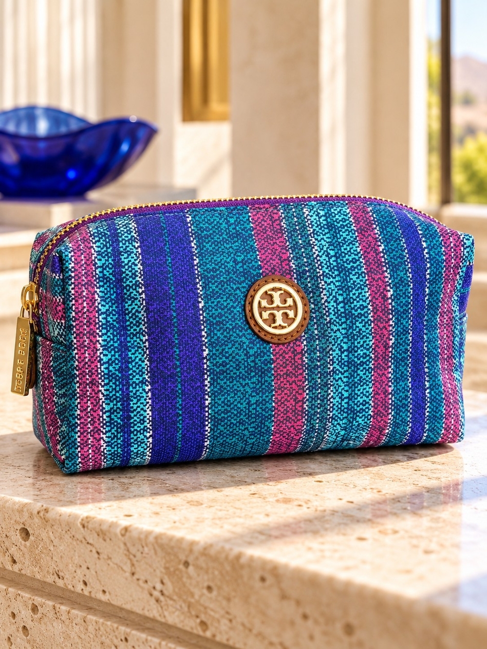 Tory Burch Baja Stripe E/W Cosmetic Case Tribe Violet Multi NWT